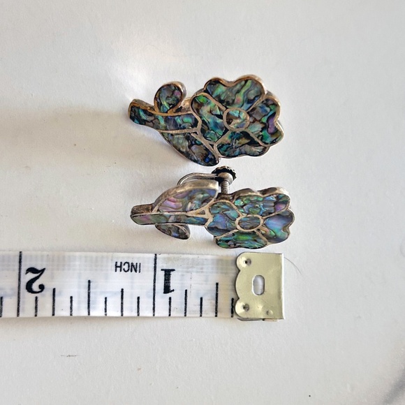 Vintage Sterling silver Abalone flower screw on earrings 925 handcrafted  in Mex - Picture 2 of 8